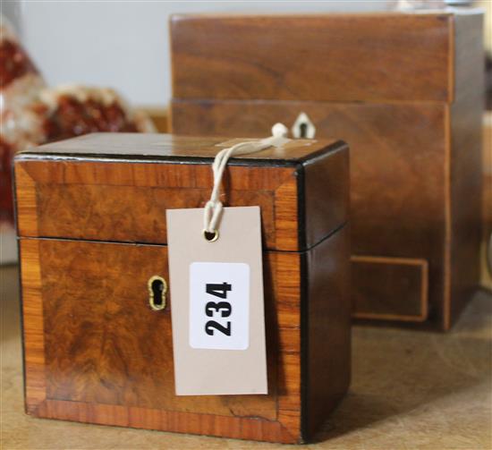 Early19C burr walnut box with hinged lid enclosing two glass inkwells (one a.f) & similar tea caddy with base drawer (modified)